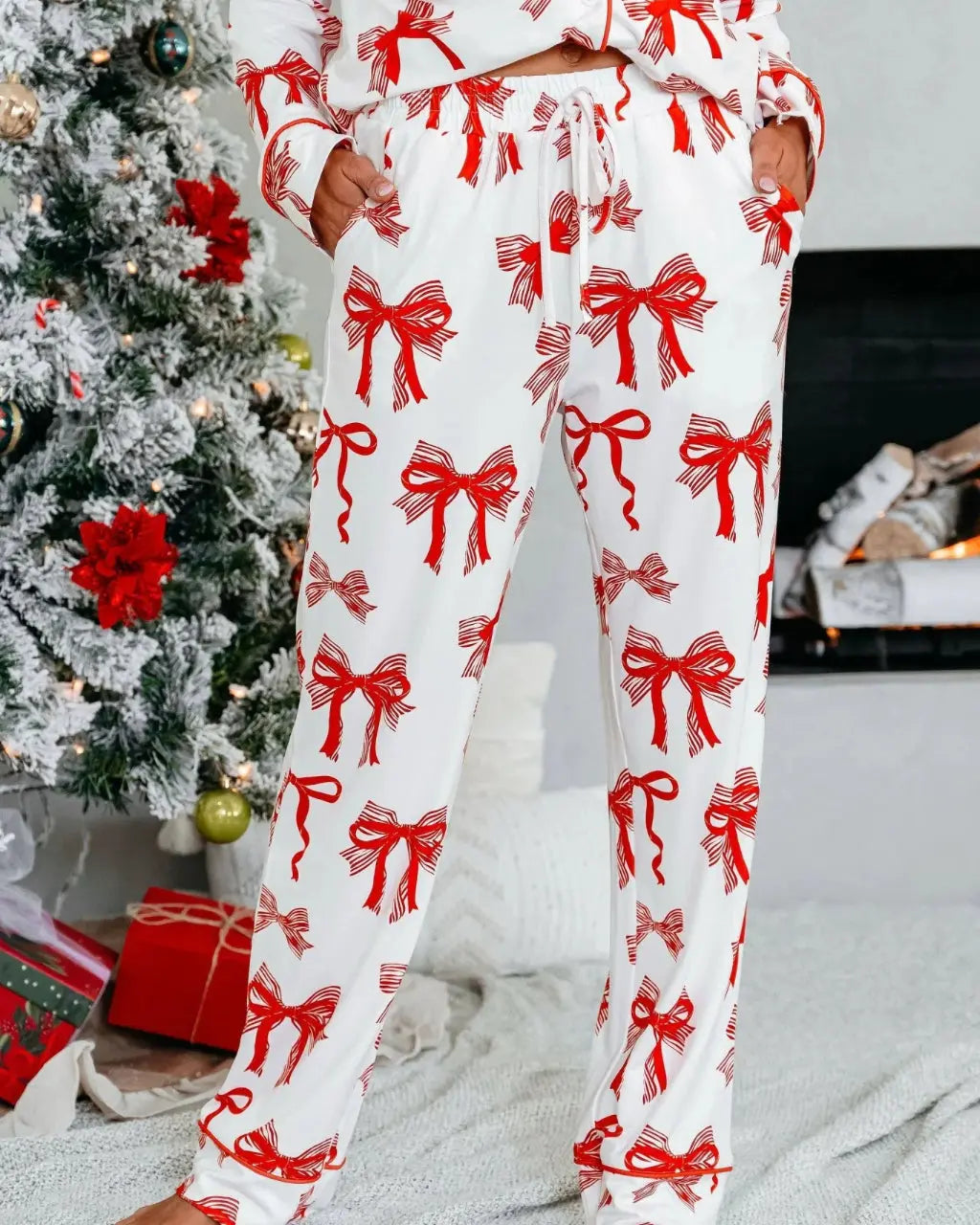 SOLACE CHICButtery Soft Red Bow Print Pajama Set