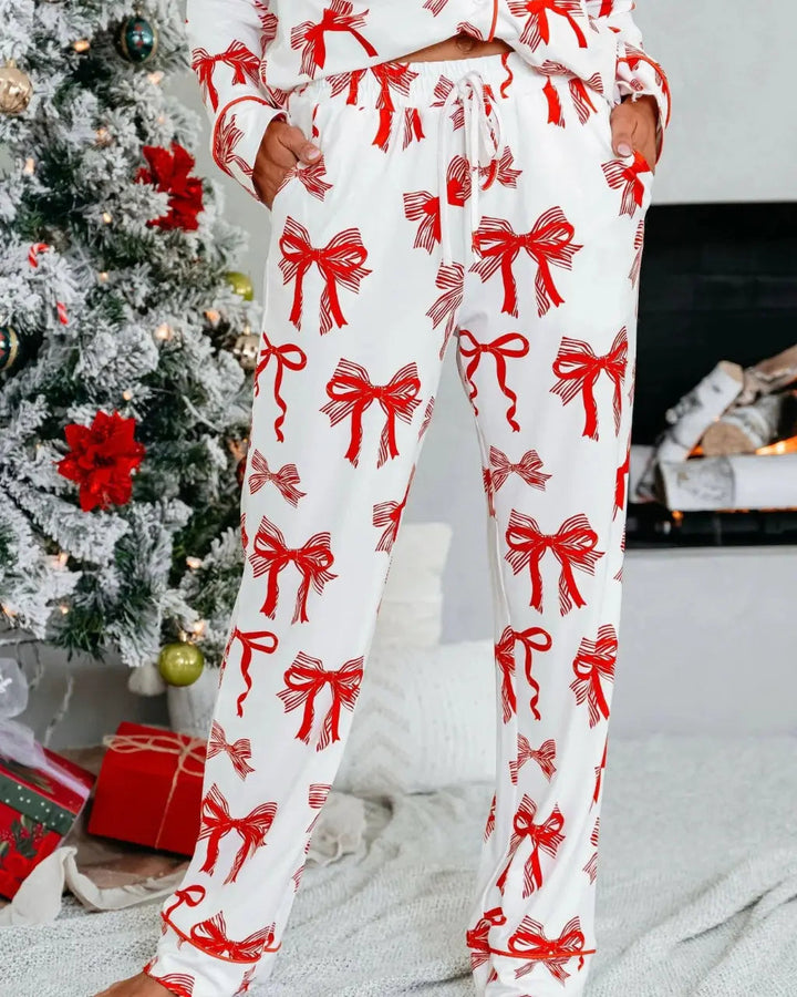 SOLACE CHICButtery Soft Red Bow Print Pajama Set