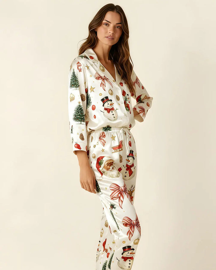 SOLACE CHICSanta Claus Snowman Satin Pajama Set