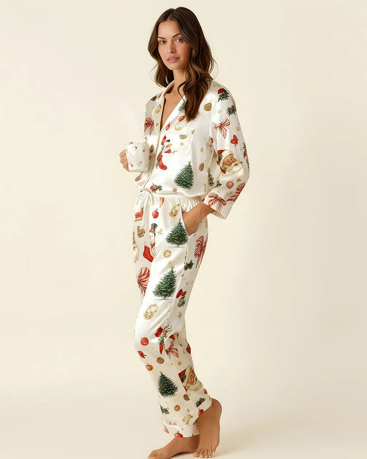 SOLACE CHICSanta Claus Snowman Satin Pajama Set