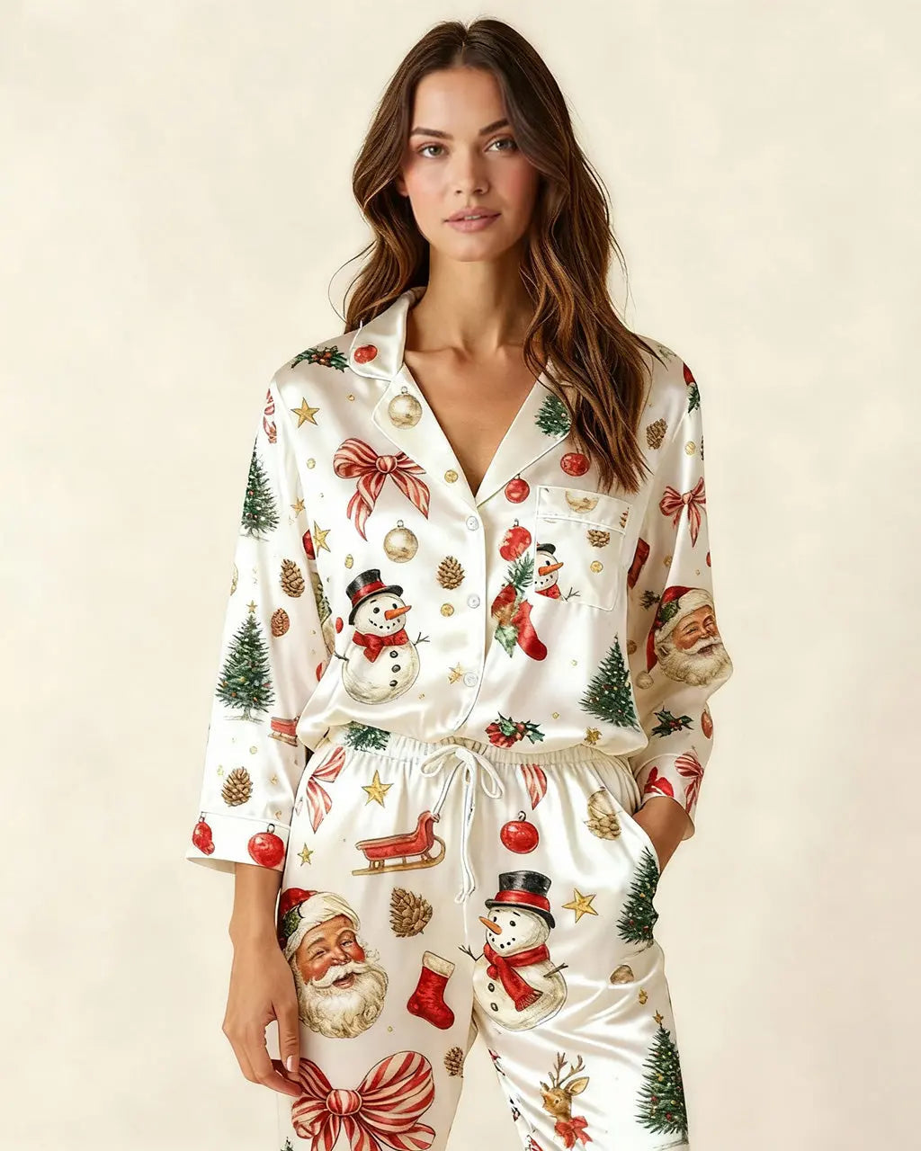 SOLACE CHICSanta Claus Snowman Satin Pajama Set