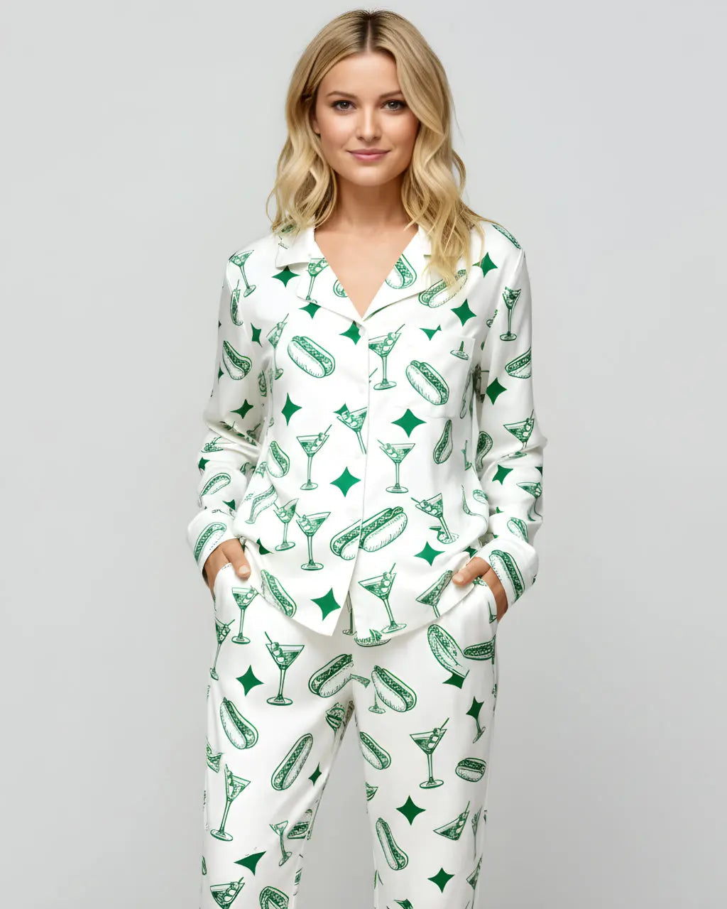 SOLACE CHICMartini Hot Dog Pattern Satin Pajama Set