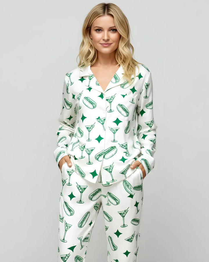SOLACE CHICMartini Hot Dog Pattern Satin Pajama Set