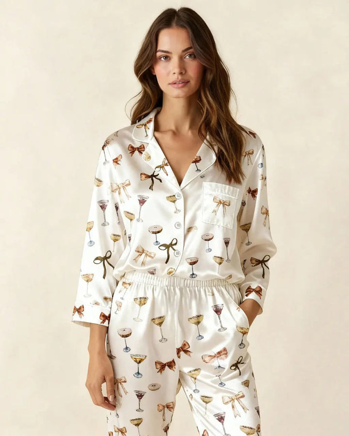 SOLACE CHICEspresso Martini Bow Satin Pajama Set