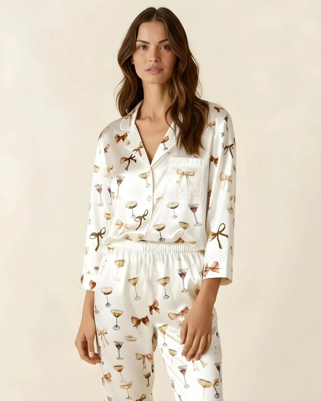 SOLACE CHICEspresso Martini Bow Satin Pajama Set
