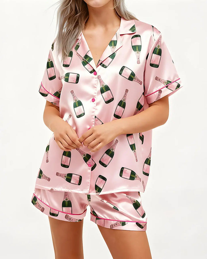 SOLACE CHICChampagne Bottle Short Sleeve Satin Pajama Set