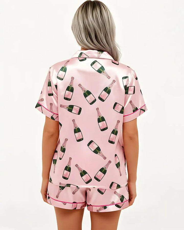 SOLACE CHICChampagne Bottle Short Sleeve Satin Pajama Set