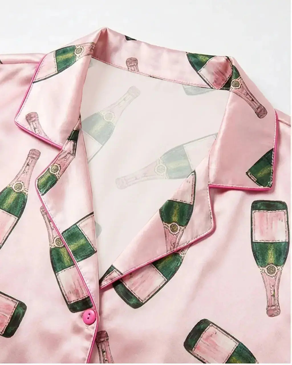 SOLACE CHICChampagne Bottle Short Sleeve Satin Pajama Set