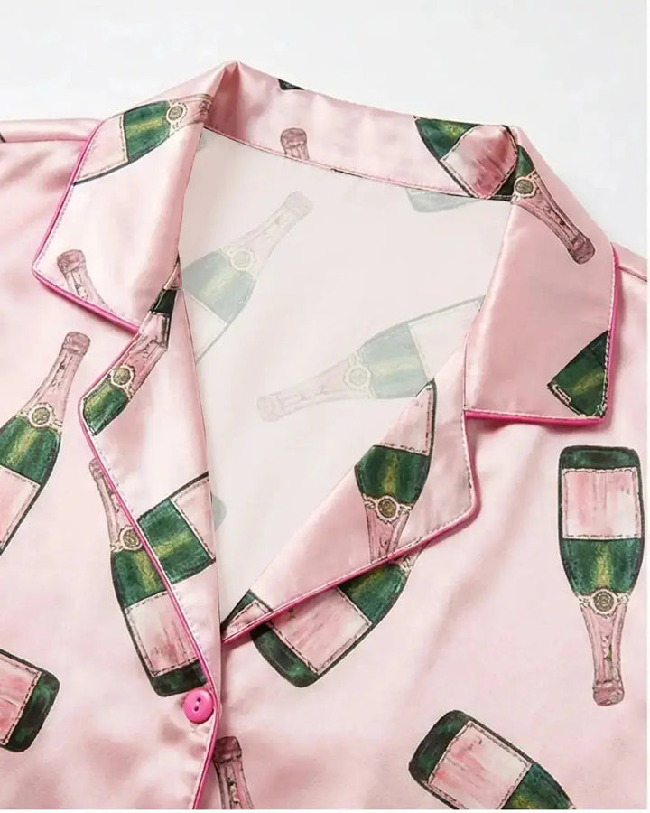 SOLACE CHICChampagne Bottle Short Sleeve Satin Pajama Set