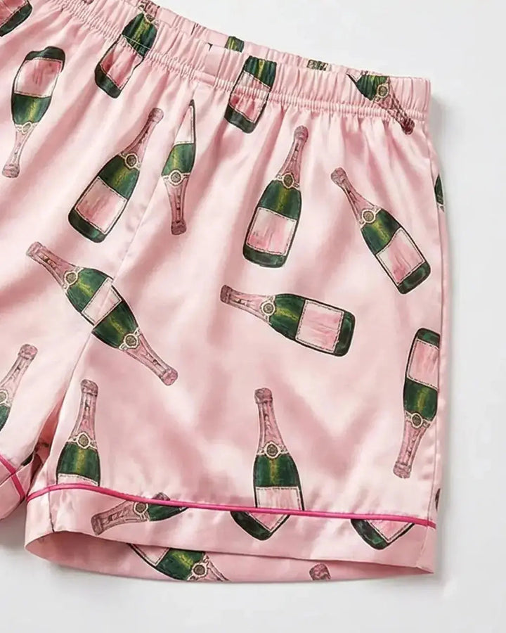 SOLACE CHICChampagne Bottle Short Sleeve Satin Pajama Set