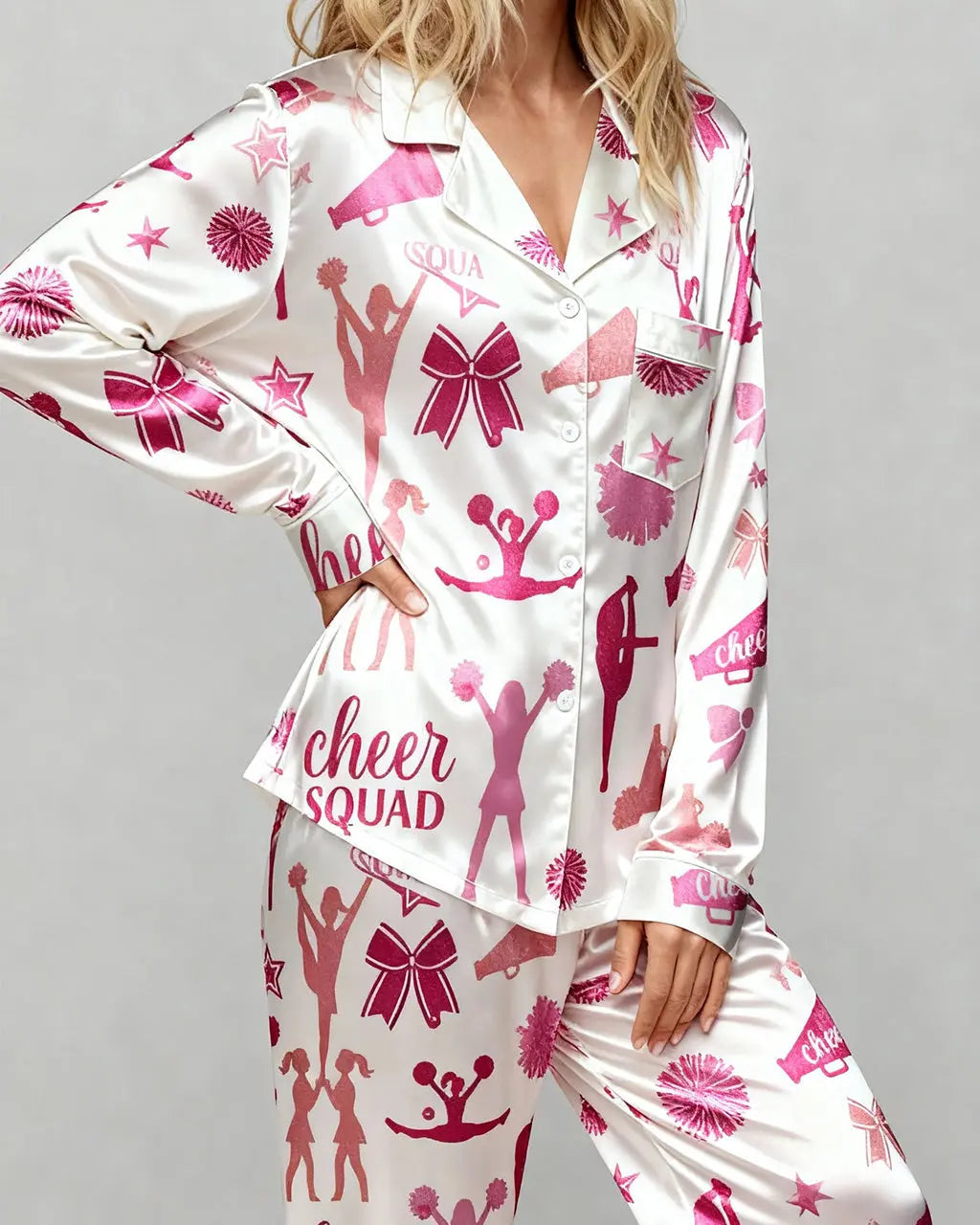 SOLACE CHICCheerleading Pattern Satin Pajama Set