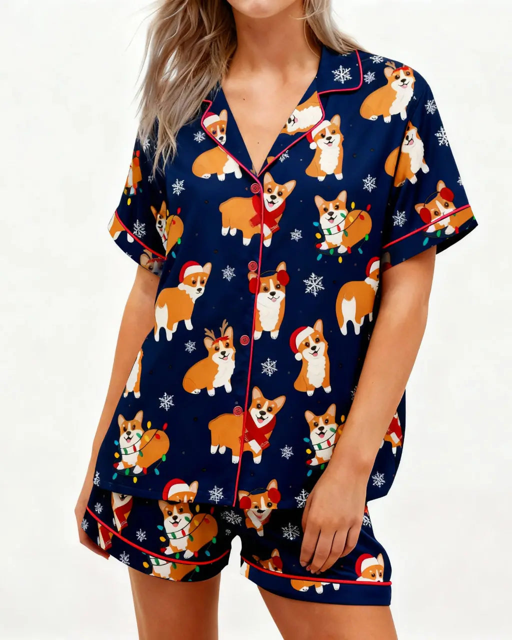 SOLACE CHICChristmas Corgi Print Short Pajama Set