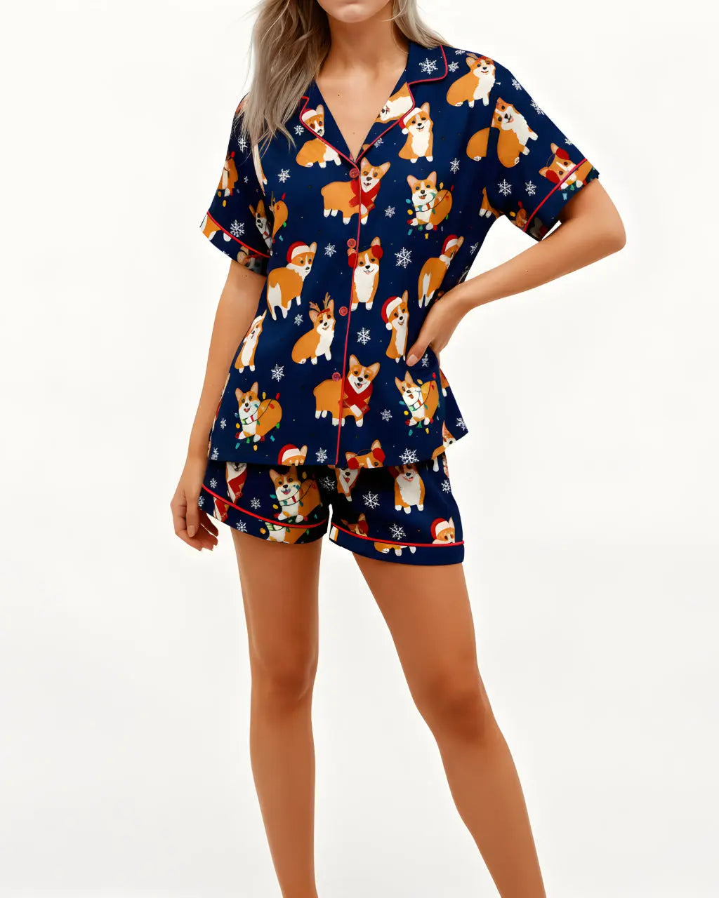 SOLACE CHICChristmas Corgi Print Short Pajama Set