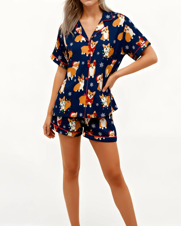 SOLACE CHICChristmas Corgi Print Short Pajama Set