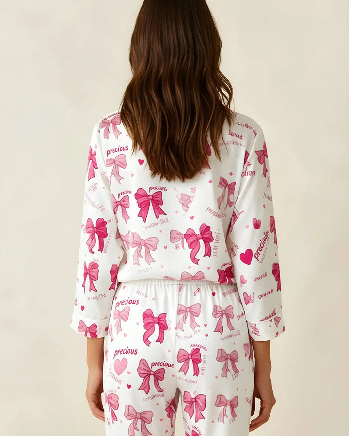 SOLACE CHICBow Print Long Sleeve Lapel Pajama Set