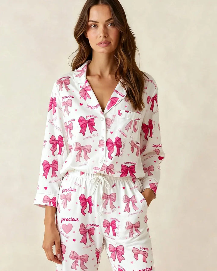 SOLACE CHICBow Print Long Sleeve Lapel Pajama Set