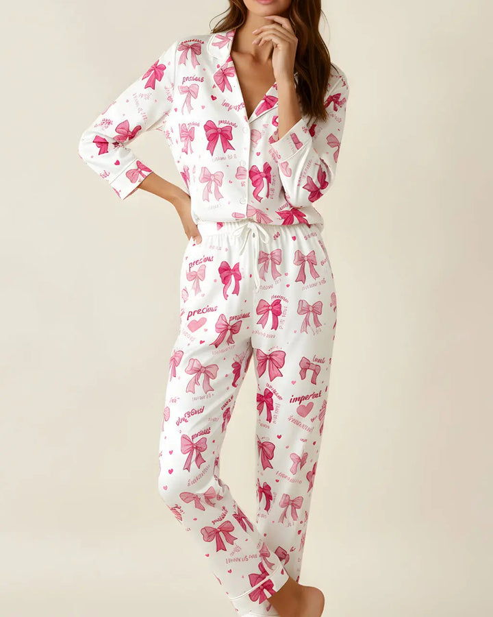 SOLACE CHICBow Print Long Sleeve Lapel Pajama Set