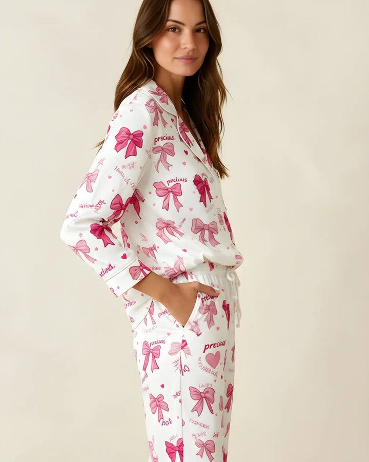 SOLACE CHICBow Print Long Sleeve Lapel Pajama Set