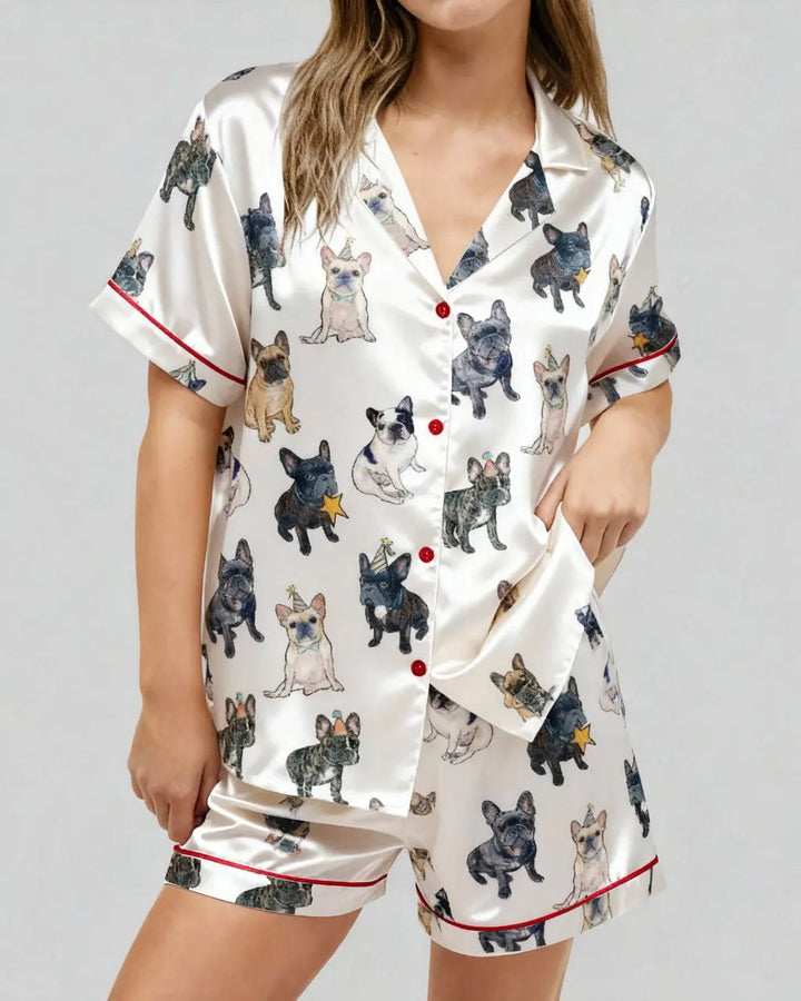 SOLACE CHICFrench Bulldog Print Satin Pajama Set