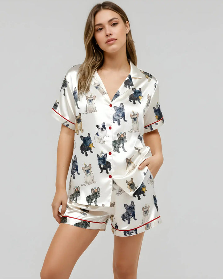SOLACE CHICFrench Bulldog Print Satin Pajama Set