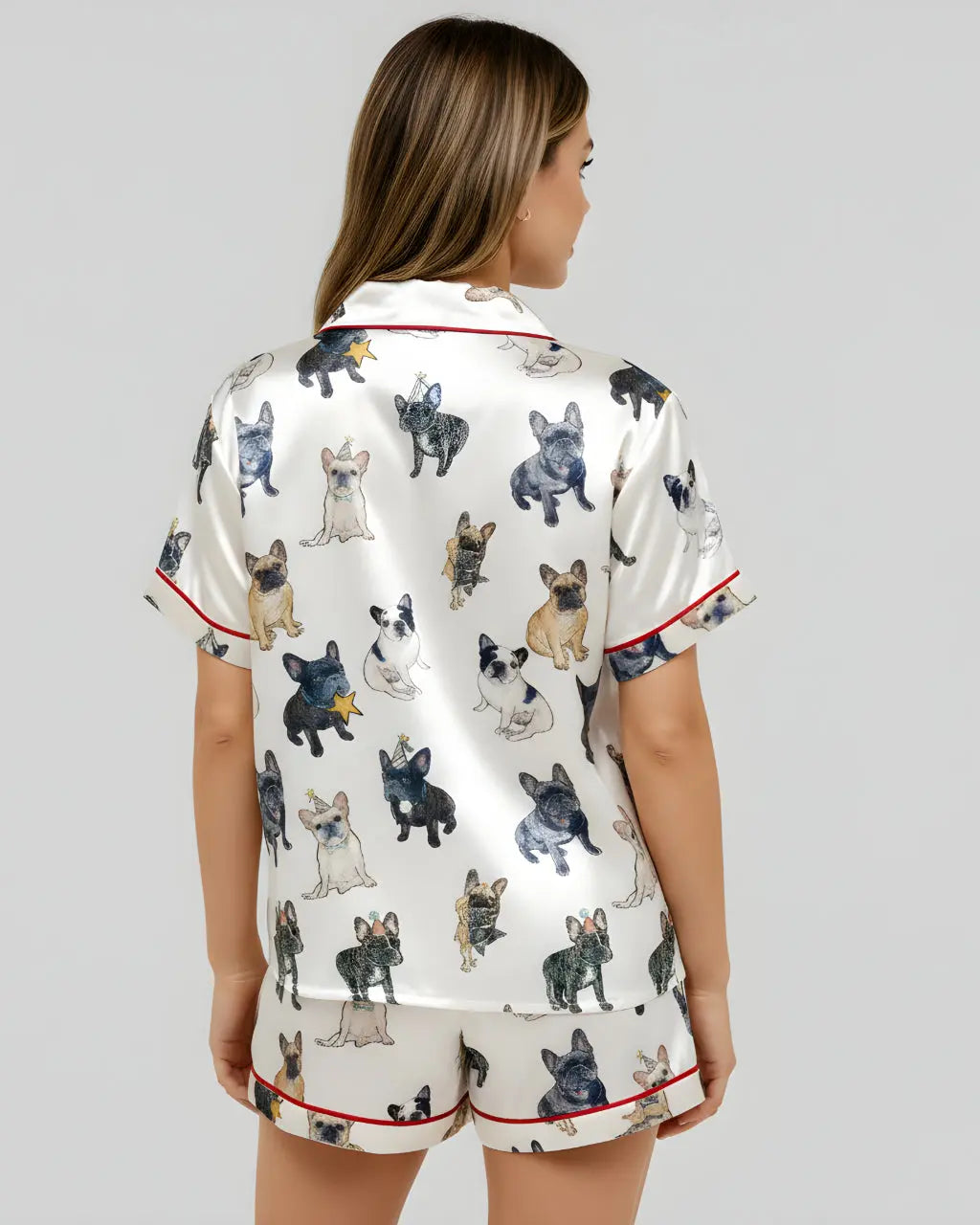 SOLACE CHICFrench Bulldog Print Satin Pajama Set