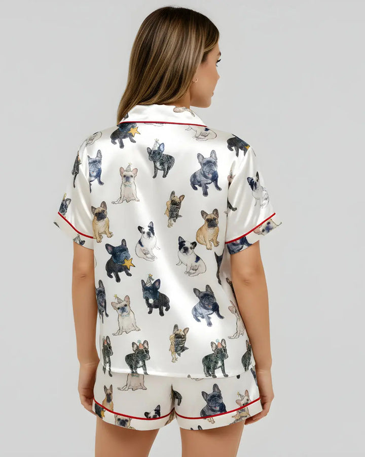 SOLACE CHICFrench Bulldog Print Satin Pajama Set