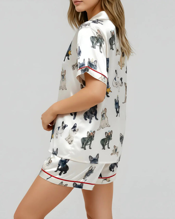 SOLACE CHICFrench Bulldog Print Satin Pajama Set