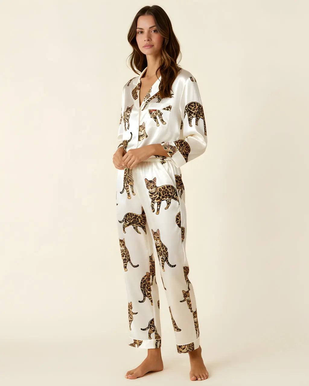 SOLACE CHICBengal Cat Pattern Satin Pajama Set