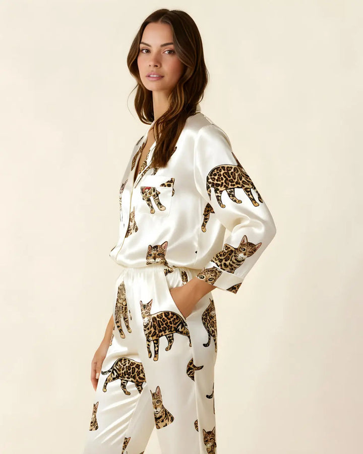 SOLACE CHICBengal Cat Pattern Satin Pajama Set