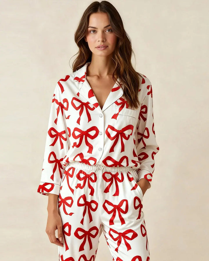 SOLACE CHICBow Print Button Front Satin Pajama Set