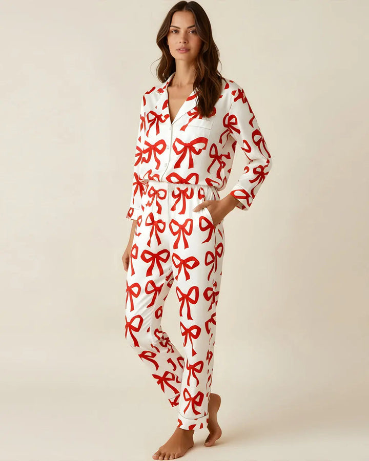 SOLACE CHICBow Print Button Front Satin Pajama Set