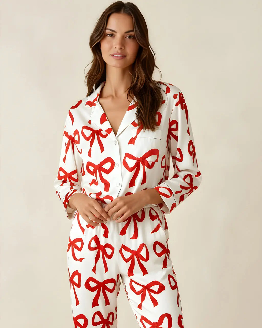 SOLACE CHICBow Print Button Front Satin Pajama Set