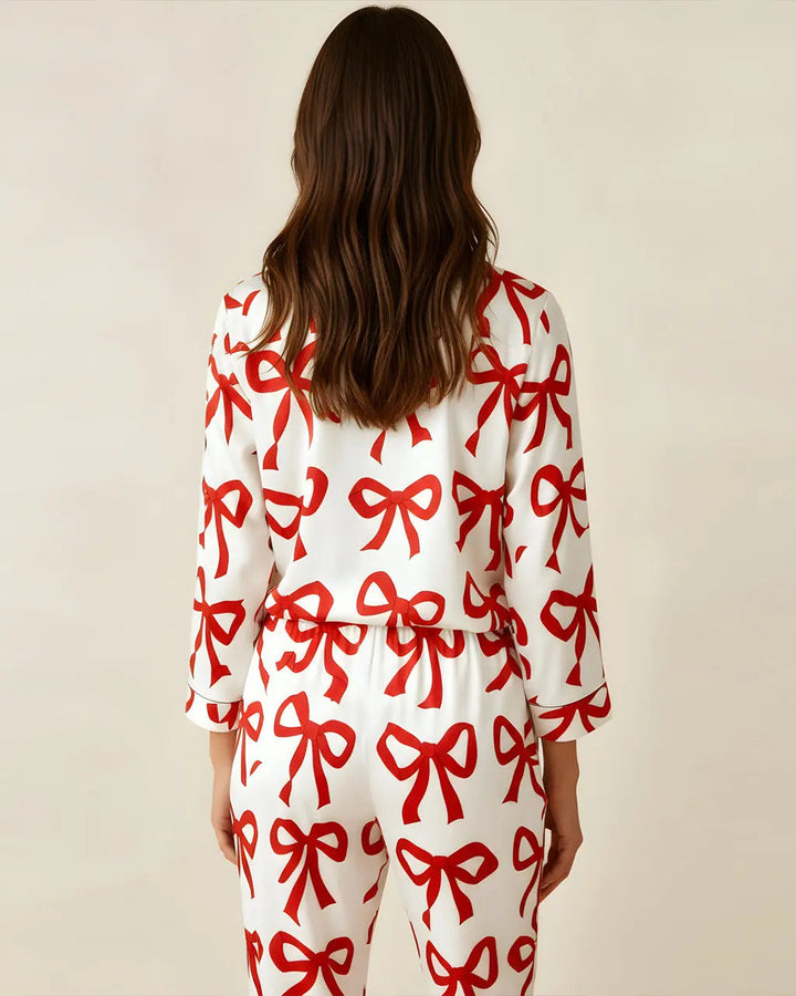 SOLACE CHICBow Print Button Front Satin Pajama Set