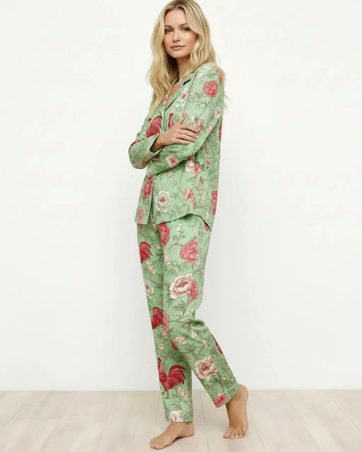 SOLACE CHICVintage Rooster Floral Print Pajama Set