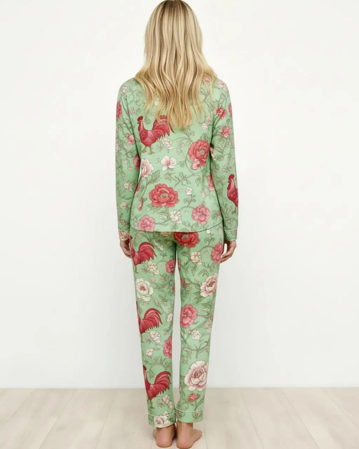 SOLACE CHICVintage Rooster Floral Print Pajama Set