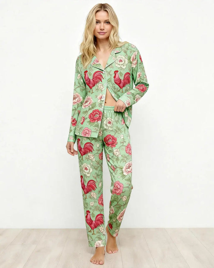 SOLACE CHICVintage Rooster Floral Print Pajama Set