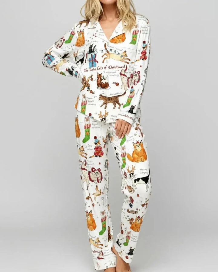 SOLACE CHICChristmas Cats Print Pajama Set