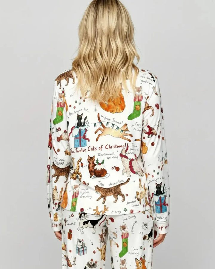 SOLACE CHICChristmas Cats Print Pajama Set