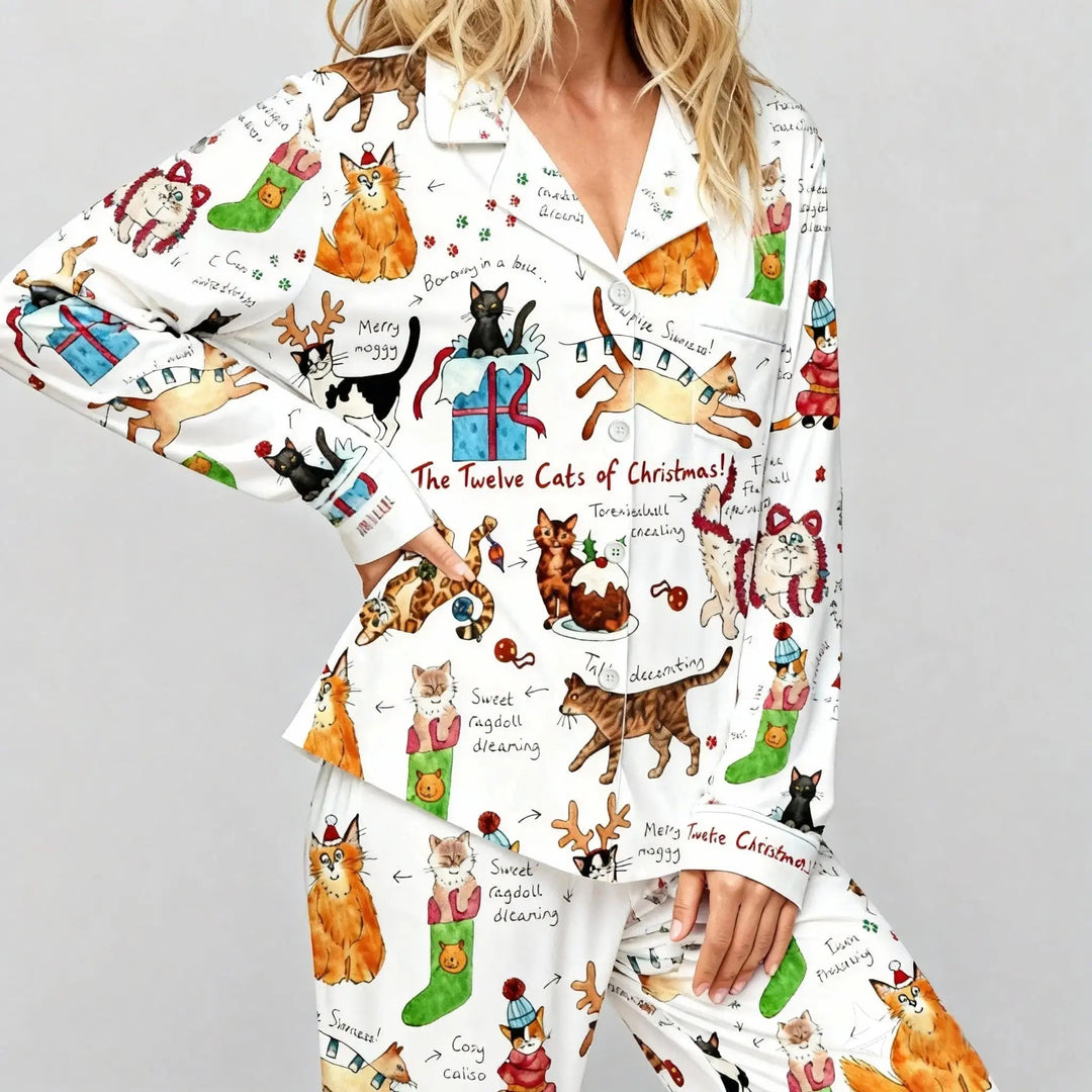 SOLACE CHICChristmas Cats Print Pajama Set