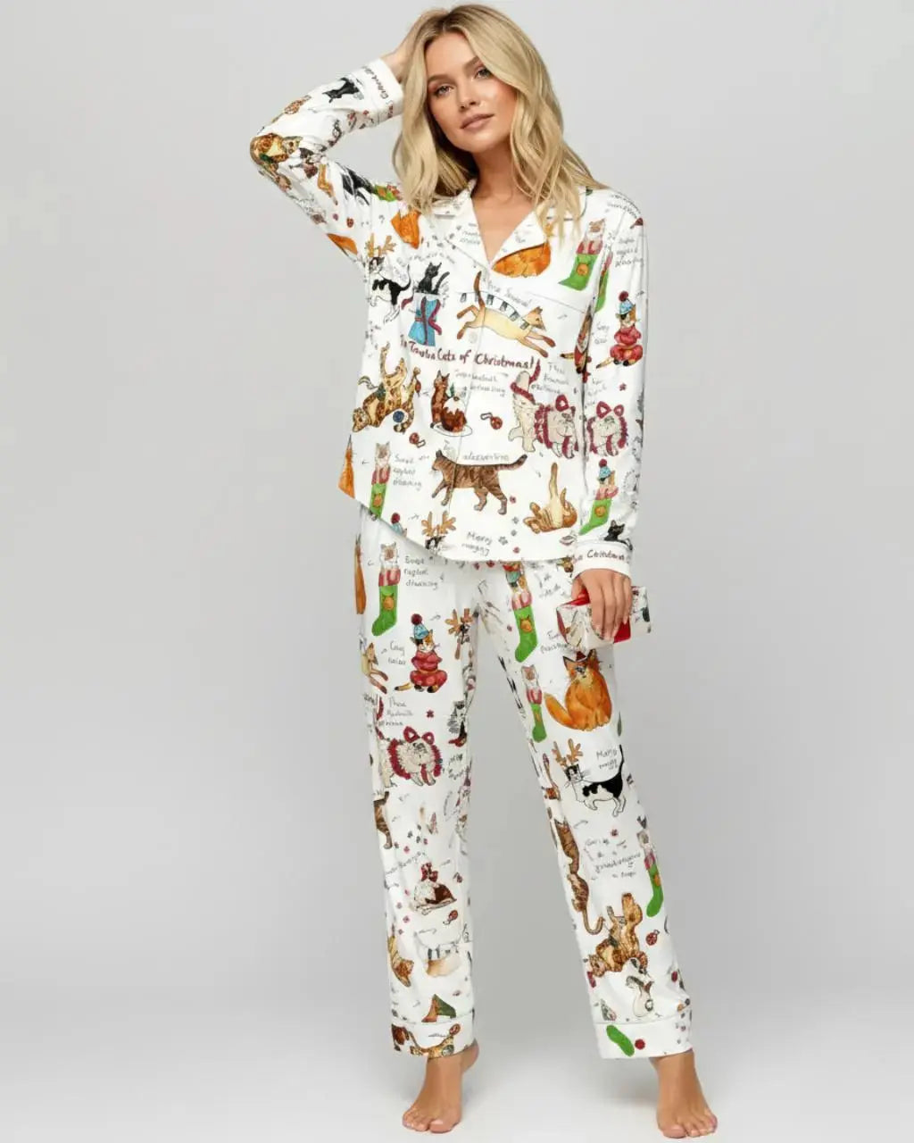 SOLACE CHICChristmas Cats Print Pajama Set
