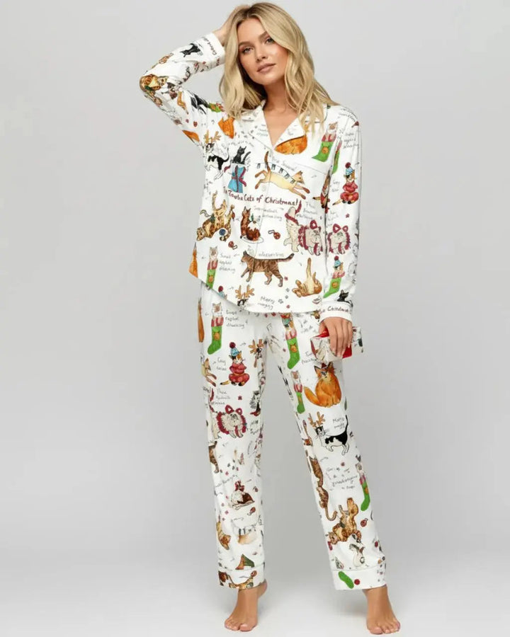 SOLACE CHICChristmas Cats Print Pajama Set