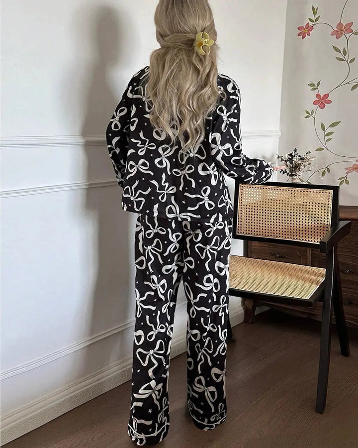 SOLACE CHICBow Star Print Lapel Collar Pajama Set