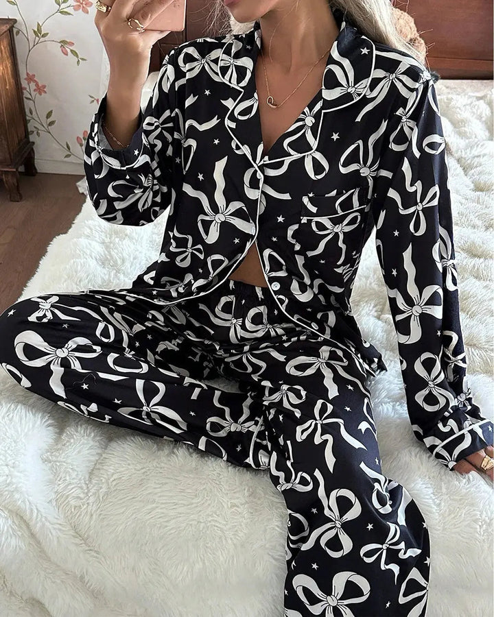 SOLACE CHICBow Star Print Lapel Collar Pajama Set