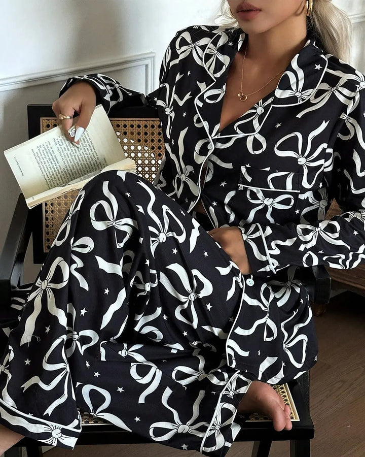SOLACE CHICBow Star Print Lapel Collar Pajama Set