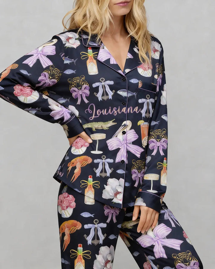 SOLACE CHICLouisiana Preppy Girl Satin Pajama Set