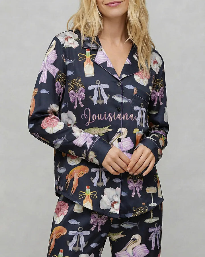 SOLACE CHICLouisiana Preppy Girl Satin Pajama Set