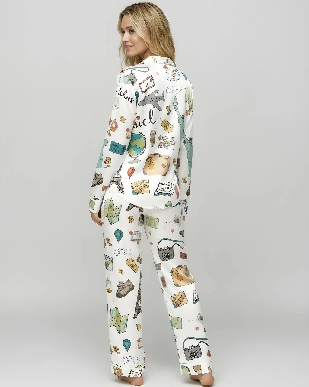 SOLACE CHICTravel Theme Print Satin Pajama Set