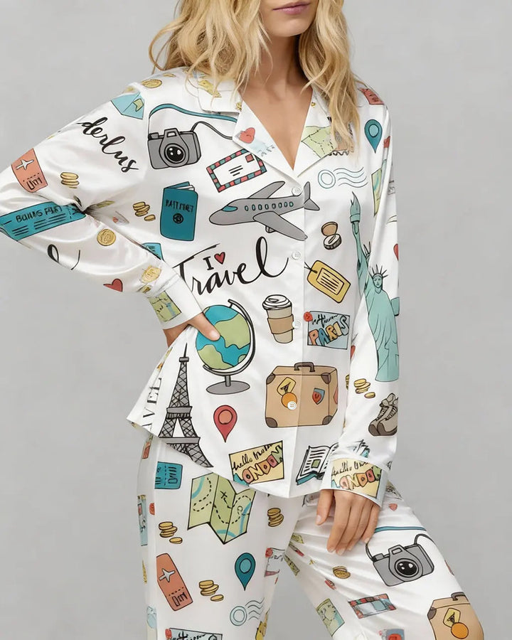 SOLACE CHICTravel Theme Print Satin Pajama Set