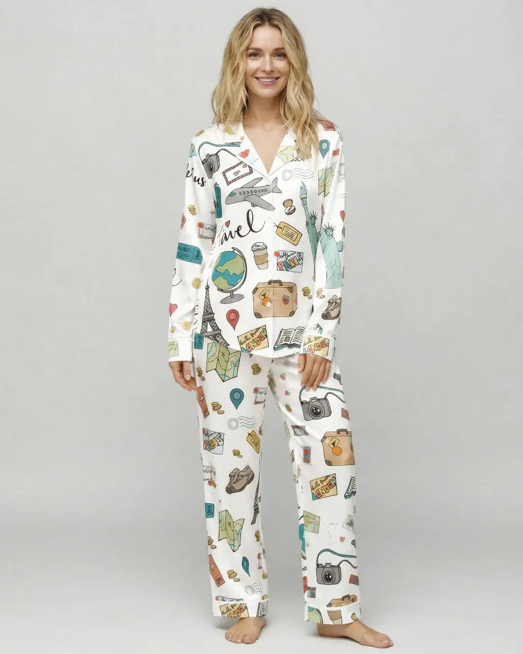 SOLACE CHICTravel Theme Print Satin Pajama Set