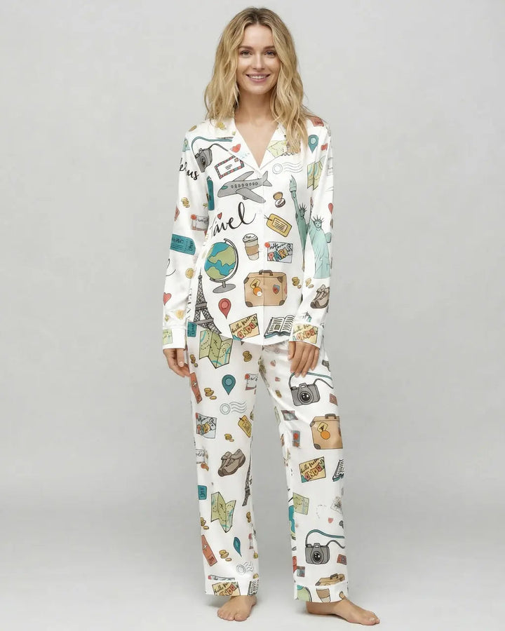 SOLACE CHICTravel Theme Print Satin Pajama Set
